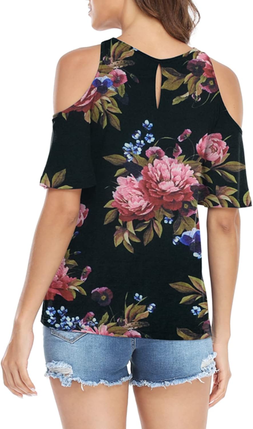 Womens Summer Halter Cold Shoulder Tops Sexy Casual Short Sleeve Keyhole T Shirts Blouse - Image 6