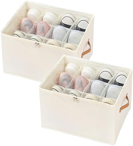 Paquete de 2 organizadores plegables de zapatos para armario, se adapta a 12-24 pares, divisores y cubierta transparente, contenedores de