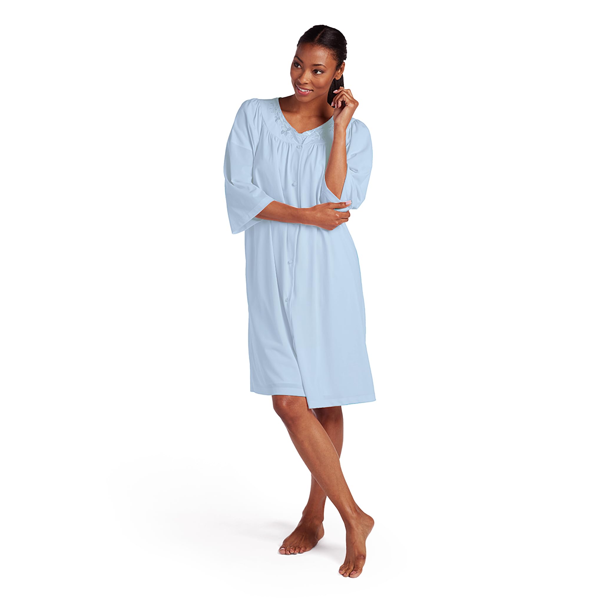 Miss Elaine Robe - Women's Nylon Tricot Short Button Robe, Side Pockets and 3/4 Sleeves