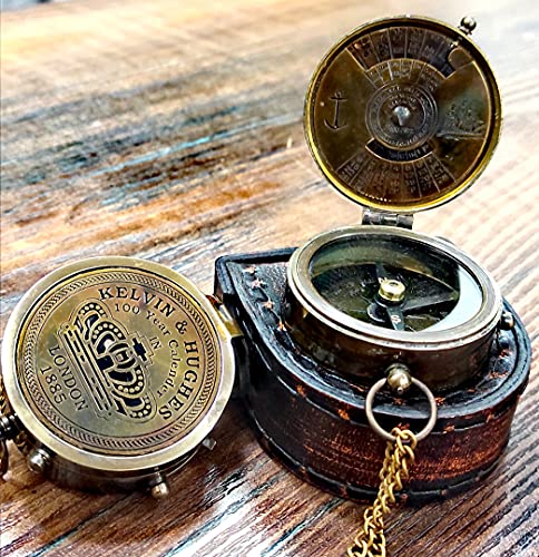 Brújula Vintage de Latón acabado antiguo Kelvin Hughes 100 Year Calendar | Con hermosa funda de cuero | Brújula de navegación artesanal de latón estilo vintage para camping y actividades al aire libre miniatura 7