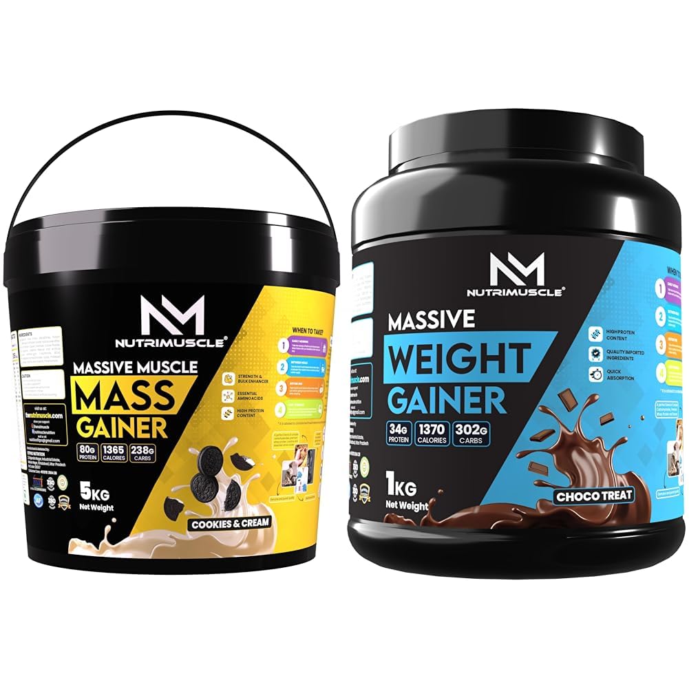 Nutrimuscle Massive Muscle Mass Gainer - 5 Kgs - Cookies and Cream flavour - For Strenghth, Muscle | Nutrimuscle Massive Weight Gainer - 1 Kg - Choco Treat Flavour For Weight & Mass Gain-image-9