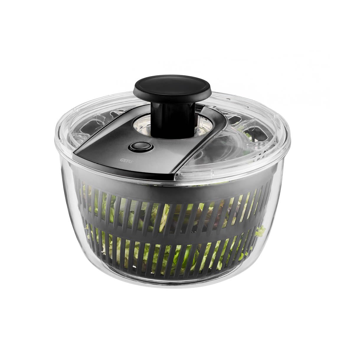 GEFU Salatschleuder mit Push-Mechanismus - 5 l Kapazität, integrierter Ausgießer & Stopp-Button, rutschfest & spülmaschinengeeignet