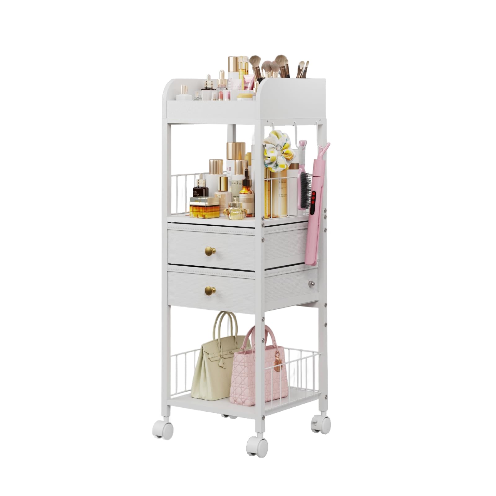 DongRong Floor Makeup Organizer with Lockable Wheels & 8 Dividers, 2-Drawer Rolling Skincare Cart for Cosmetics/Perfume/Nail Polish, Mobile Vanity