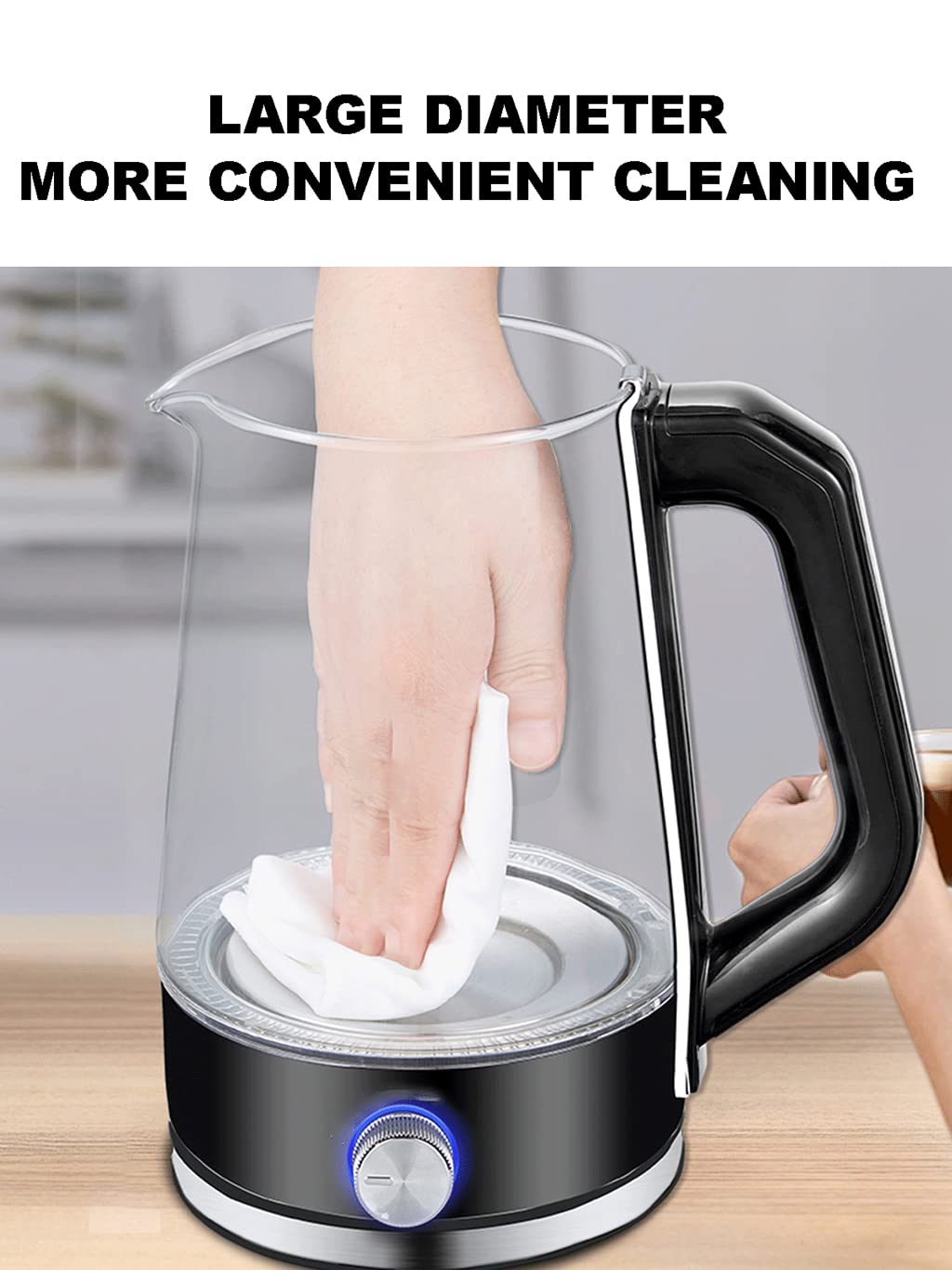Hervidor eléctrico de agua de vidrio con luz indicadora LED, ebullición rápida de 1,2 L, tetera con función de mantener el calor, té de agua caliente, control de perilla/negro/negro