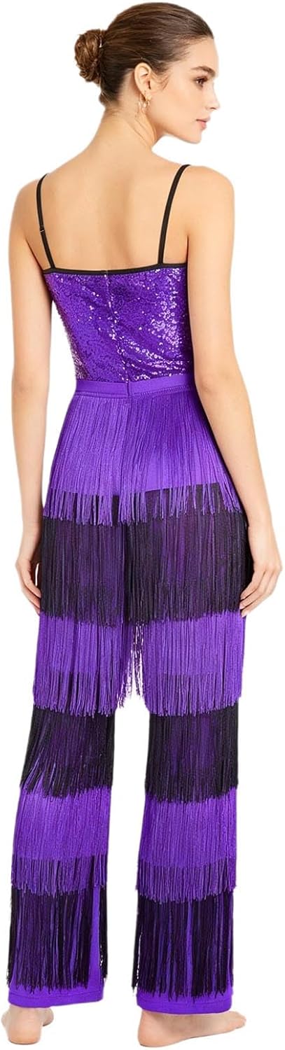 Alvivi Sparkly Rompers for Women Dance Jumpsuit Sequin Fringe Romper One Piece Unitards Retro 70s 80s Disco Wear