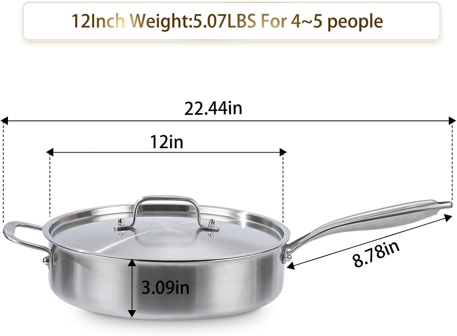 DELARLO 6QT Saute Pan Tri-Ply Stainless Steel Pan, 12Inch Deep Frying Pan with Steel cover, Kitchen Large Skillet,Heavy Duty Style Compatible With All Cooktops Up to 650℉