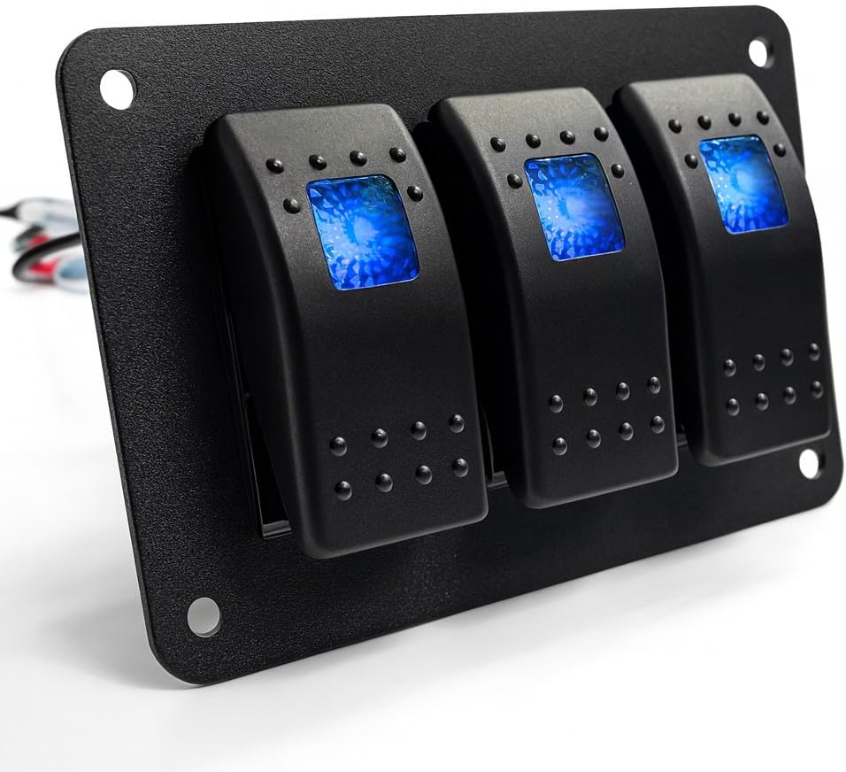MGI SpeedWare 3 LED Rocker Switch Panel, 12/24vDC Automotive and Marine, Black Powdercoat Steel (Blue)