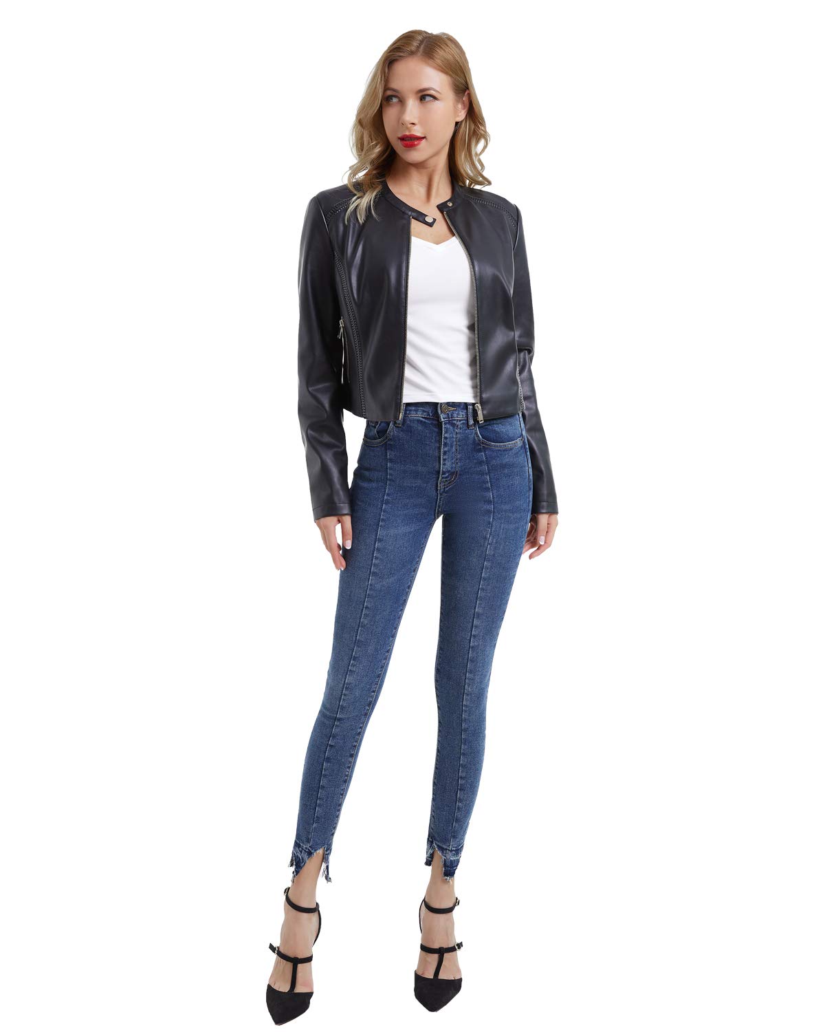 DIASHINY Kunstlederjacke für Damen, Moto-Biker-Mantel mit Reißverschluss, kurze PU-Motorrad-Oberbekleidung