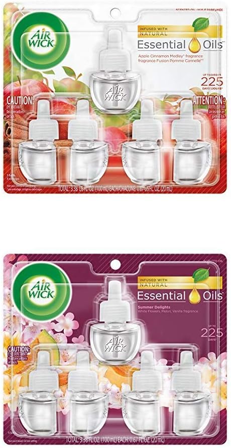 Air Wick Plug in Scented Oil 5 Refills, Apple Cinnamon Medley and Summer Delights, (5x0.67oz), Essential Oils, Air Freshener