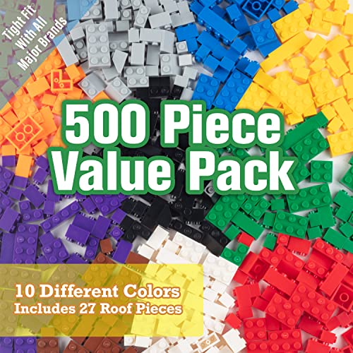 SCS Direct Building Block Bricks - Set of 500 Pc Bulk Set - 10 with 27 Bonus Roof Pieces - Tight Fit with All Major Brands- Great for Activity Tables and School Projects, Kids Gift