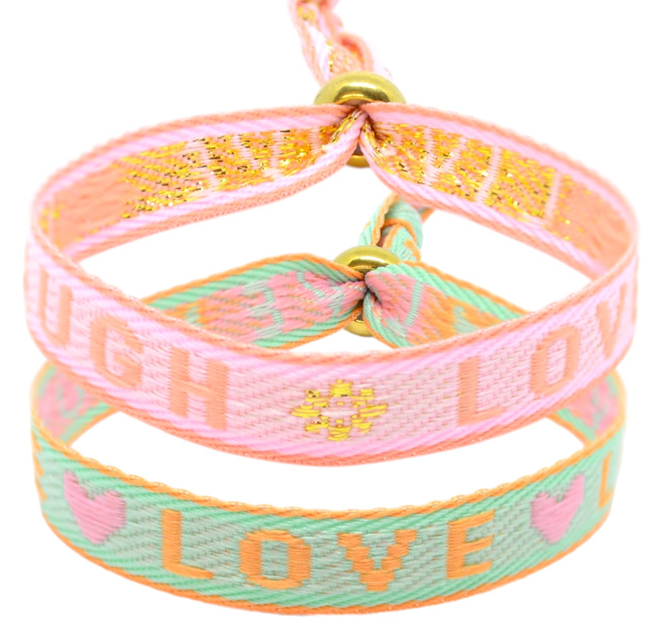 Selfmade Jewelry - Statement Festival Armband Stoff Armband Damen Stoffarmbänder in Pink für Festival Outfit Damen (2er Set: LOVE & LOVE LIVE LAUGH)