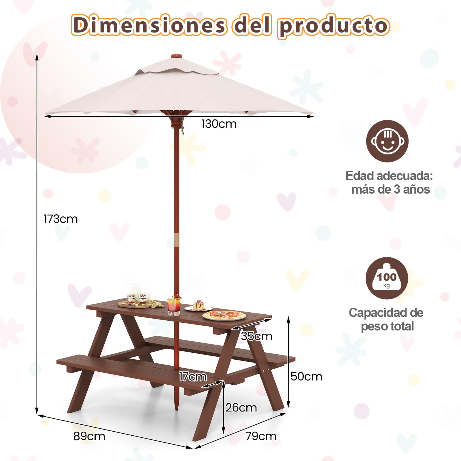SOARS Mesa de Picnic para Niños con 2 Bancos de Madera Maciza, Conjunto de Asientos Infantiles con Sombrilla, Mesa y Banco de Jardín, Conjunto de Muebles Infantiles para Jardín, Patio