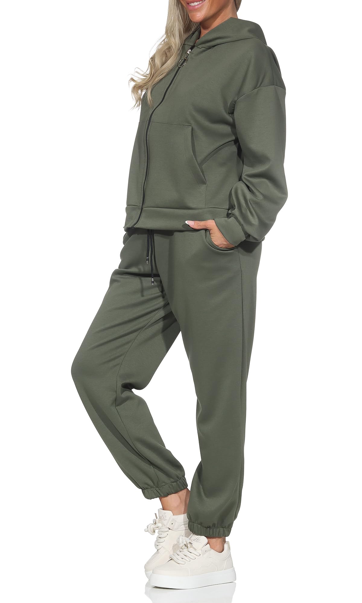 Damen Trainingsanzug 2 Teilig Set Hausanzug mit Kapuze & Reißverschluss – Sportlicher Jogginganzug Sweatjacke & Jogginghose Einheitsgröße (36-42) 618