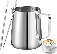 Milk Frothing Pitcher, 350ml/12oz Milk Jug for Coffee Machine, Stainless Steel Pitcher with Measurement Mark and 2Pcs Decorating Pen for Making Latte Art