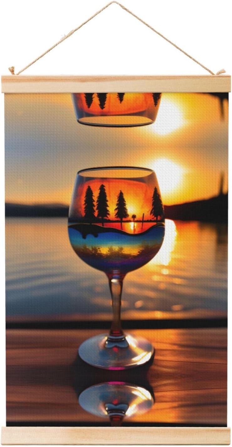 Sunset Wine Glass Print Poster Hanger,Hanging Poster, Poster Frame,Wood Poster Hanger, For Wall Hanging