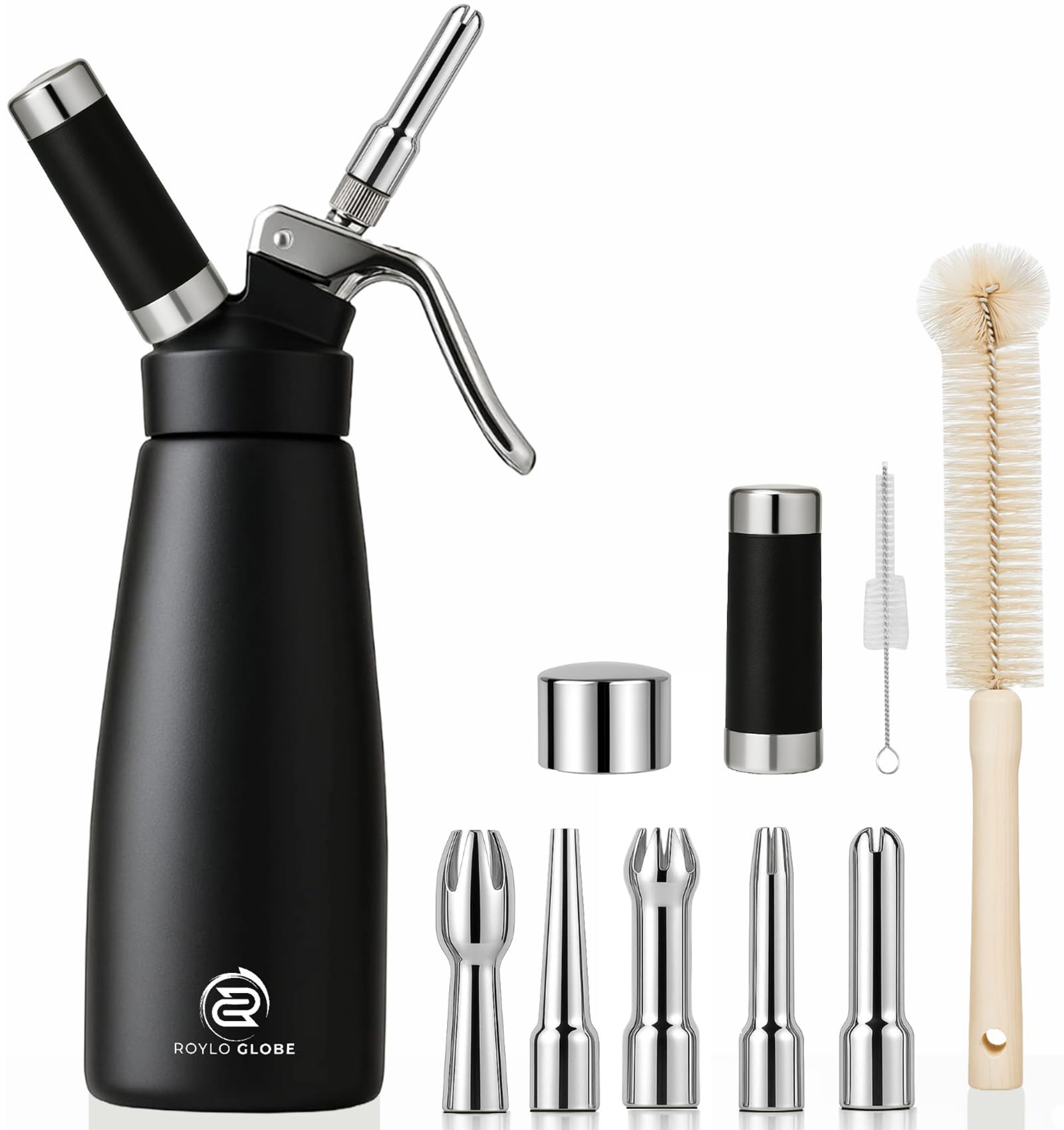 Distributeur professionnel de crème fouettée en aluminium de 500 ml avec 5 embouts de décoration – Machine à crème fouettée avec 2 brosses de nettoyage – Boîte de crème fouettée faite maison robuste
