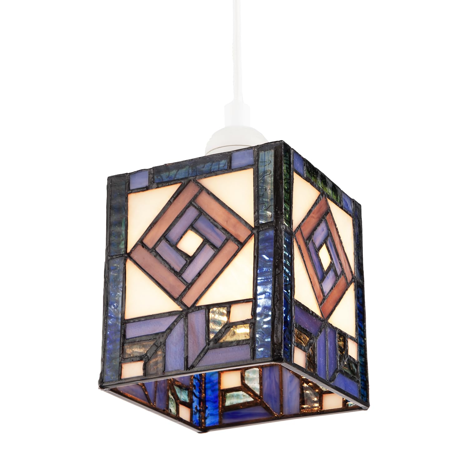 Classic Art Deco Tiffany Square Box Pendant Lamp Shade in Midnight Blue and Purple | 12cm x 11cm | Pendant or Lamp Base Shade by Happy Homewares