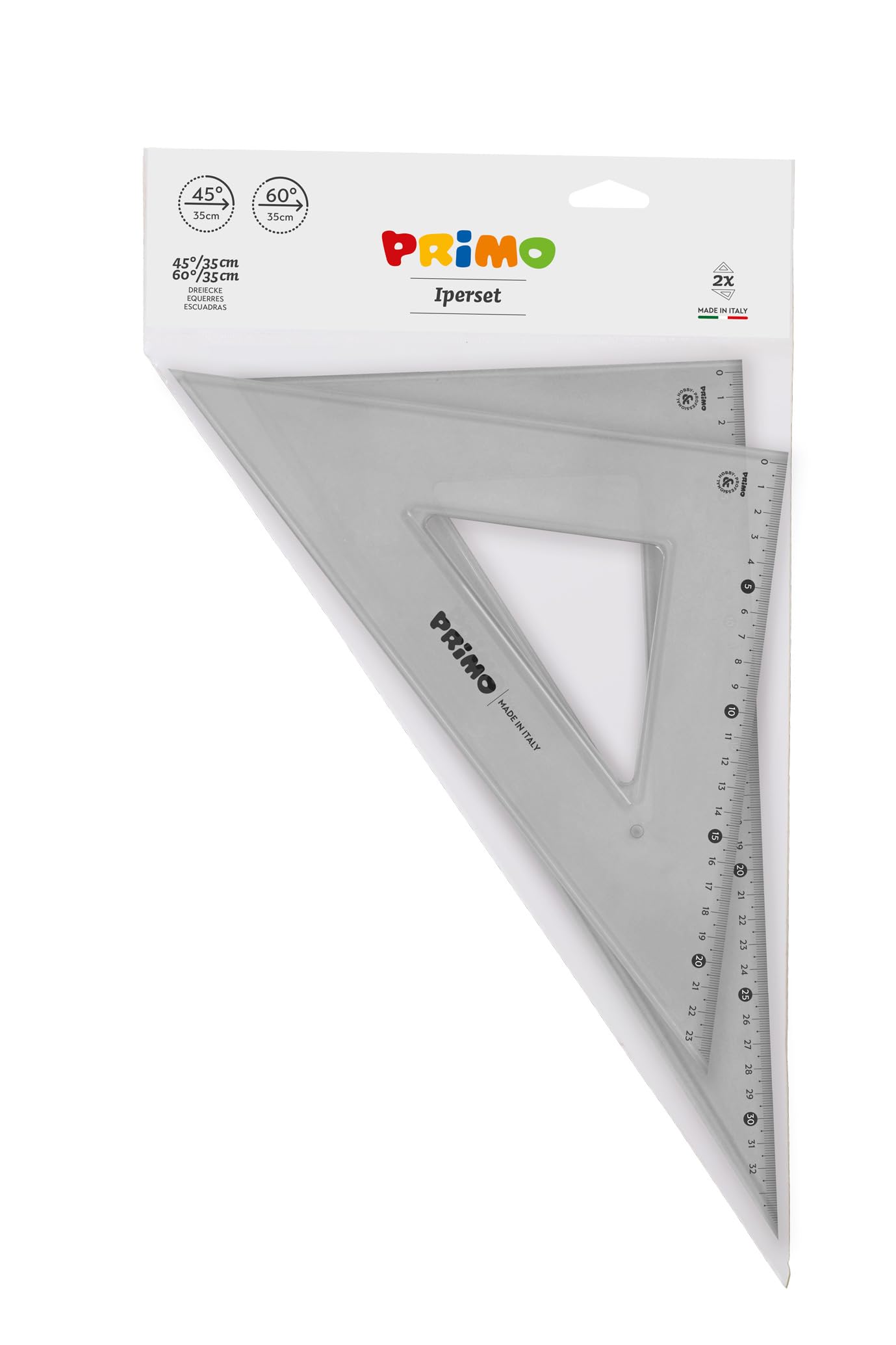 PRIMO Set 2 Squadre 45°/35 cm e 60°/35 cm Antiriflesso per Disegno Tecnico con Bordo Righello
