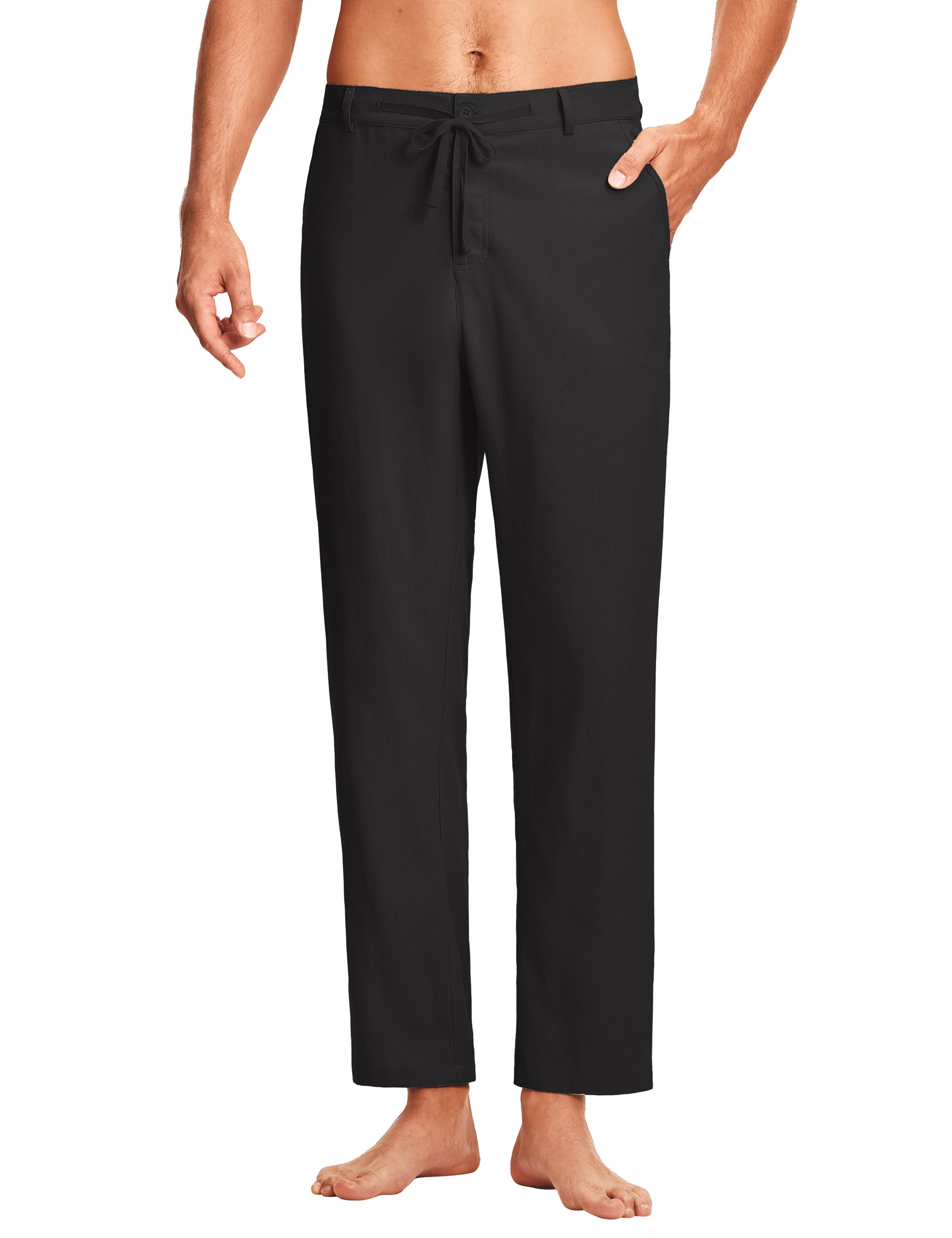 ISEEGZ 30" Men's Linen Pants Casual Dress Pants Drawstring Lightweight Business Trousers with 4 Pockets Beach Summer