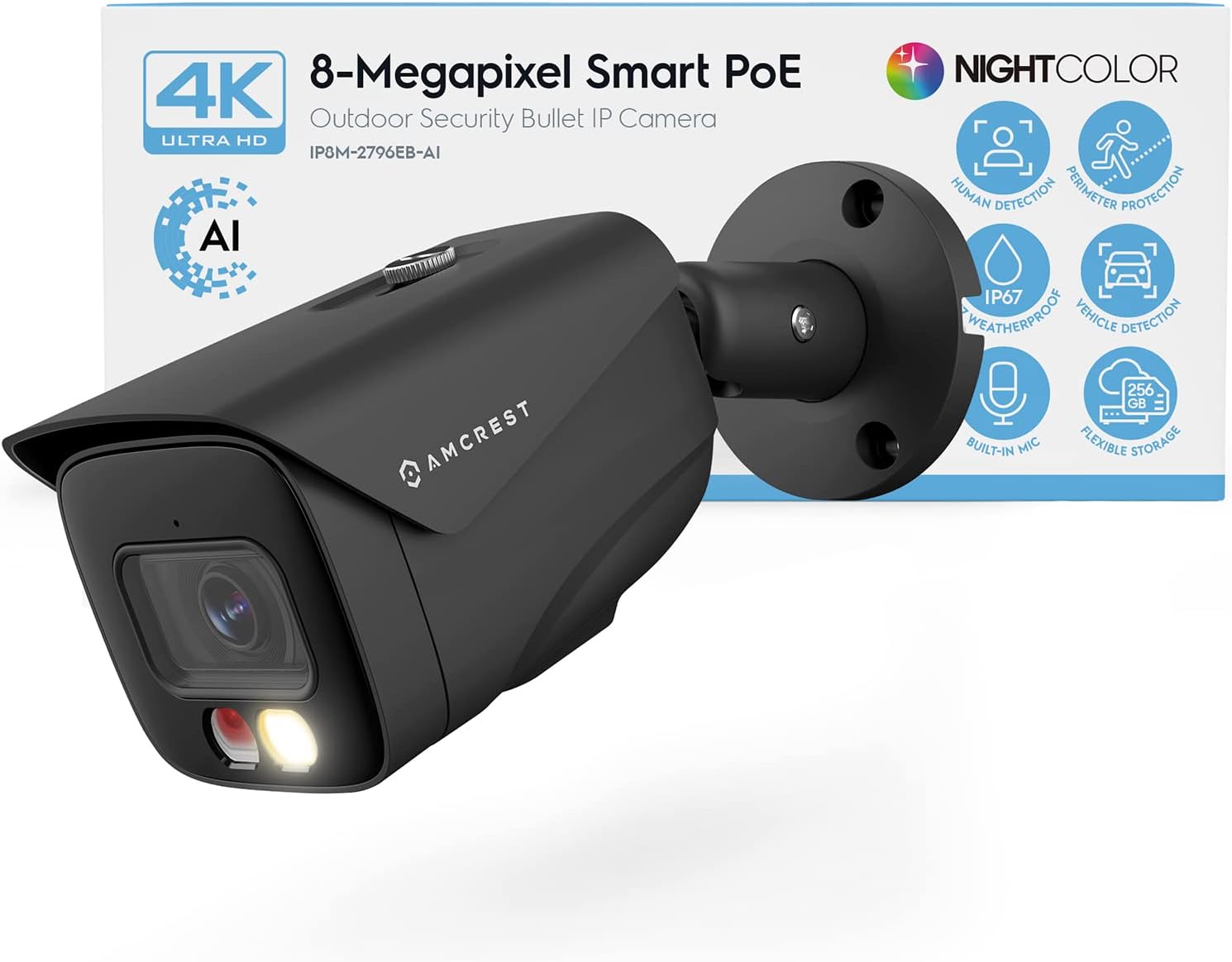 Amcrest UltraHD 4K (8MP) IP PoE AI Camera, FOV 129°, 49ft Color Nightvision, Security Outdoor Bullet Camera, Human & Vehicle Detection, Active Deterrent, 4K @15fps, IP8M-2796EB-AI (Black)