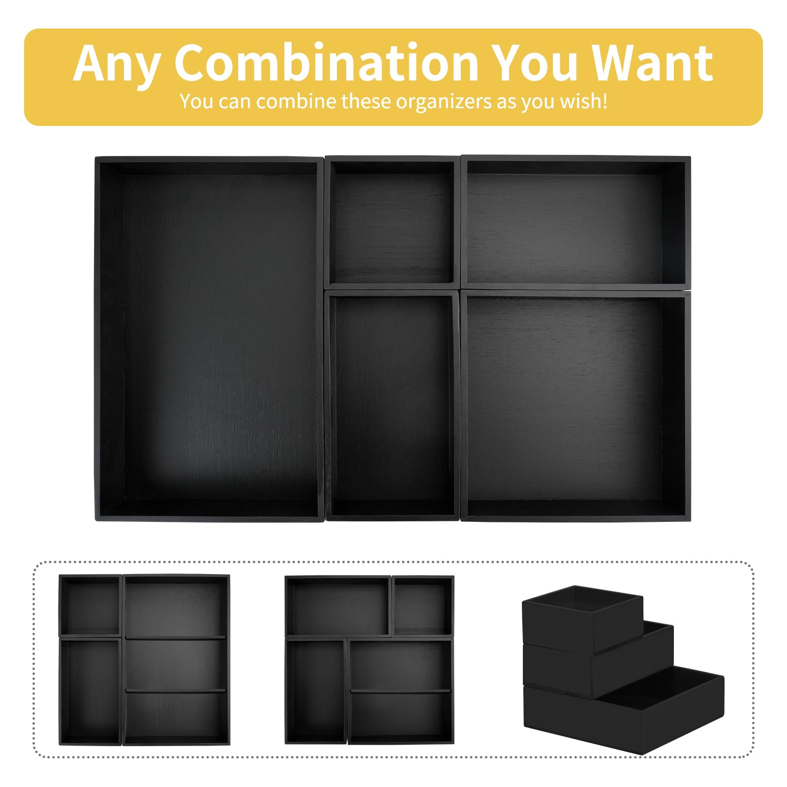 Organizer Cassetti 5 Pezzi in Bambù, Portaposate da Cassetto Separatori per Cassetti con 2 Divisori per Cassetti Regolabili Organizzatore Scrivania per Cassetto Bagno Cucina Trucchi, Nero