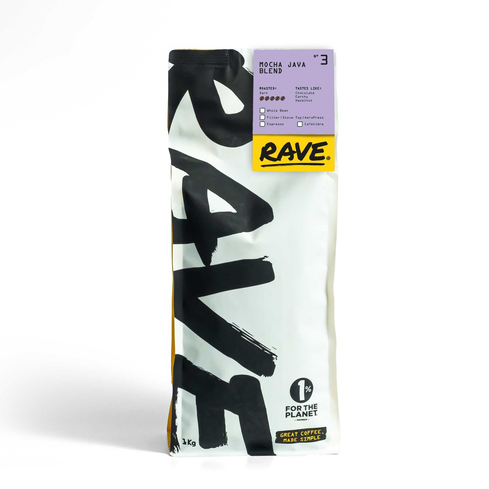 Rave CoffeeMocha Java Blend Nº 3, Espresso Grind Freshly Roasted and Ground 1Kg