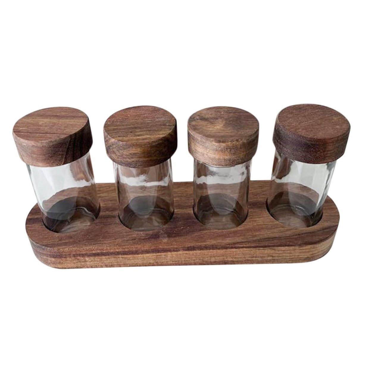 STOBAZA Vasetti per Spezie in Vetro Coperchio in Legno e Vassoio in Acacia Contenitori per Condimenti Sigillati per Zucchero e Spezie per Cucina Ristorante e Campeggio