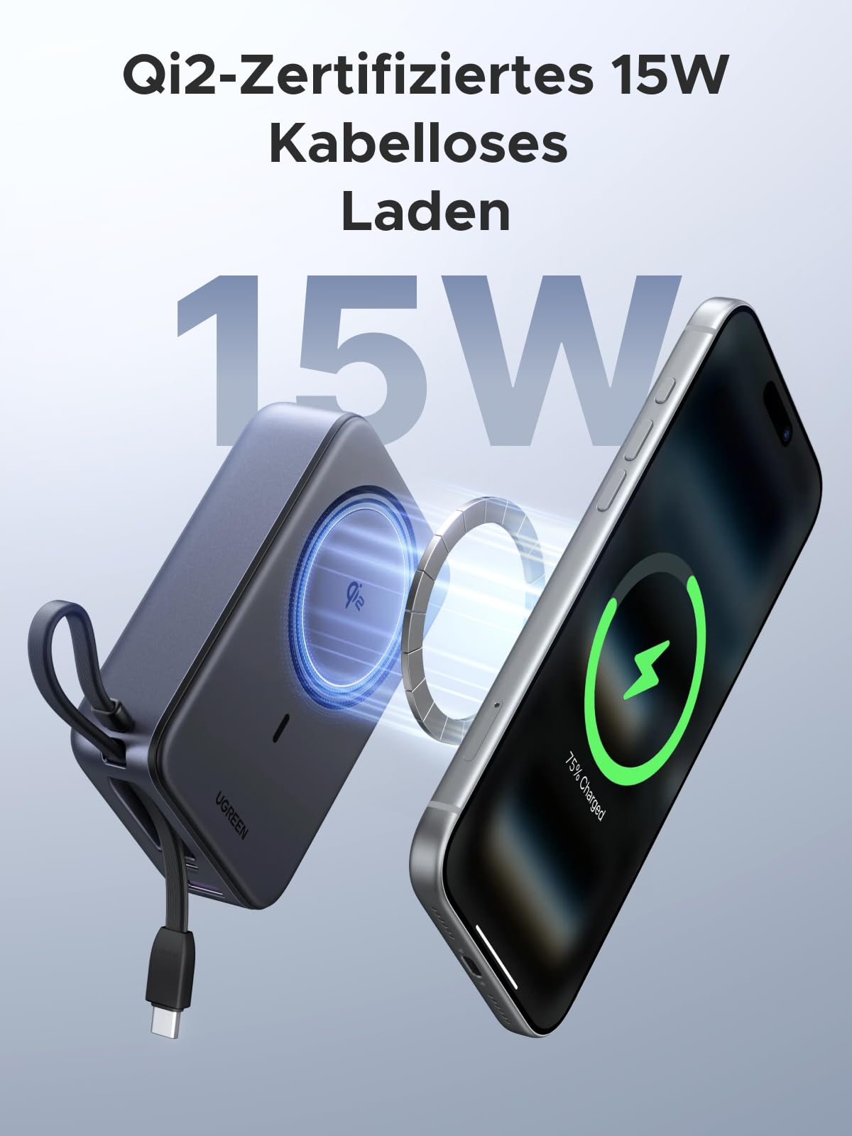 UGREEN Zapix 20000mAh Qi2 15W Powerbank Magsafe mit USB-C 30W