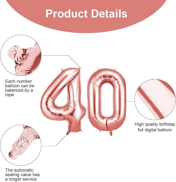 OFFCUP Zahlen Luftballon 40 Geburtstag Roségold, Folienballon Zahl 40, 40 Zoll Helium Ballons Riesen 101cm Geburtstag Mädchen Junge PartyDeko Ballon Zahl Deko zum Jubiläum Neujahr Hochzeit - 3