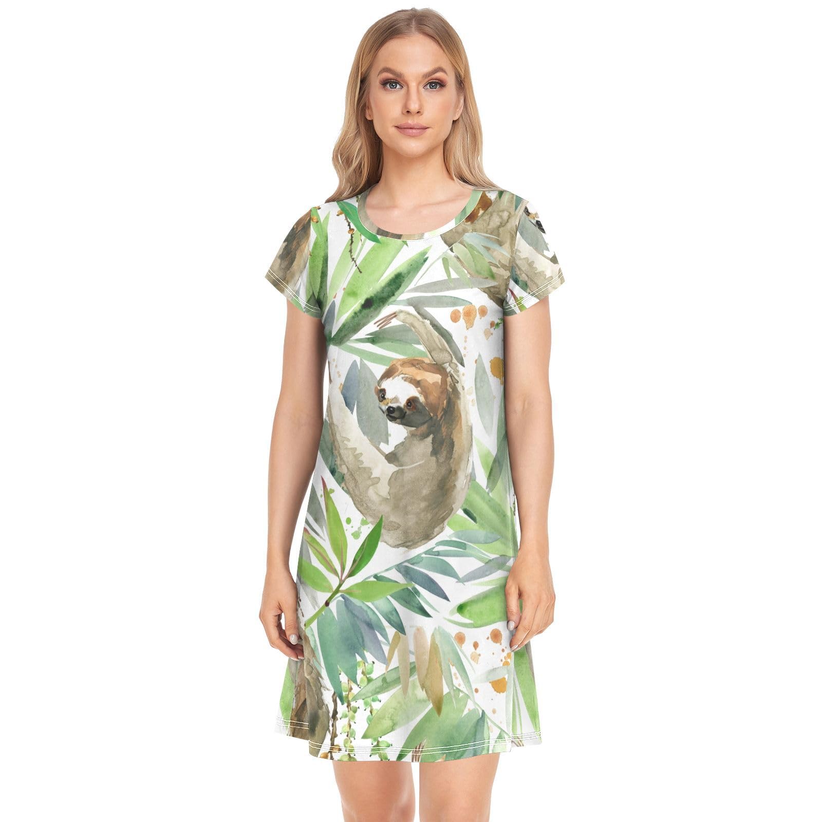 YOUJUNER Women's Nightdress Watercolor Sloth Tree Leaves Nighties Nightgown Short Sleeve Nightshirt Sleepwear Loungewear T-Shirt Dress
