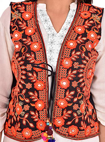 Image of Craft Trade Women's Cotton Embroidered Kutchi Jacket with Tassels Sleeveless Mirror Work