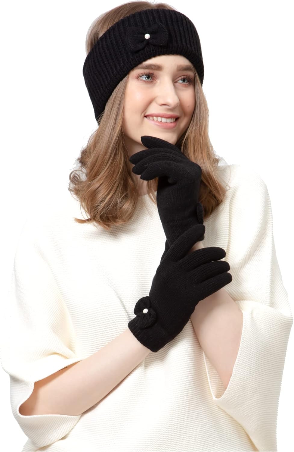 BYOS Womens Winter Cable Plush Warm Fleece Lined Knit Gloves & Headband 2 Pieces Set,Various Styles