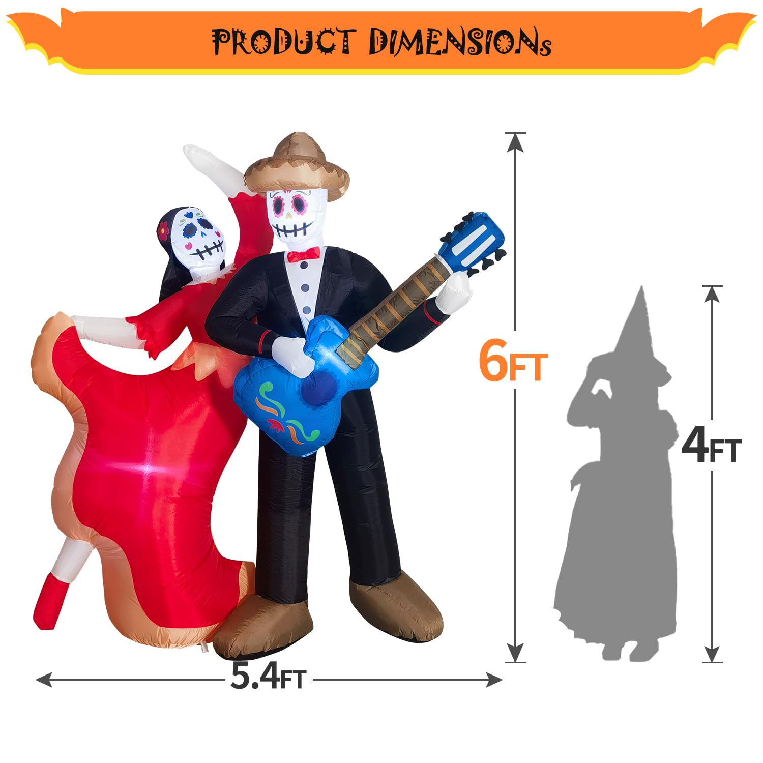 DomKom 6FT Halloween & Dia De Los Muertos Inflatable - Catrina Dog With Pumpkin & LED Lights