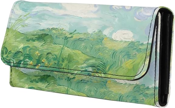 Painting Countryside Women Soft Leather Trifold Slim Wallets, Green Wheat Fields Auvers, Art Ladies Wallet Card Holder Phone Organizer, Snap Closure