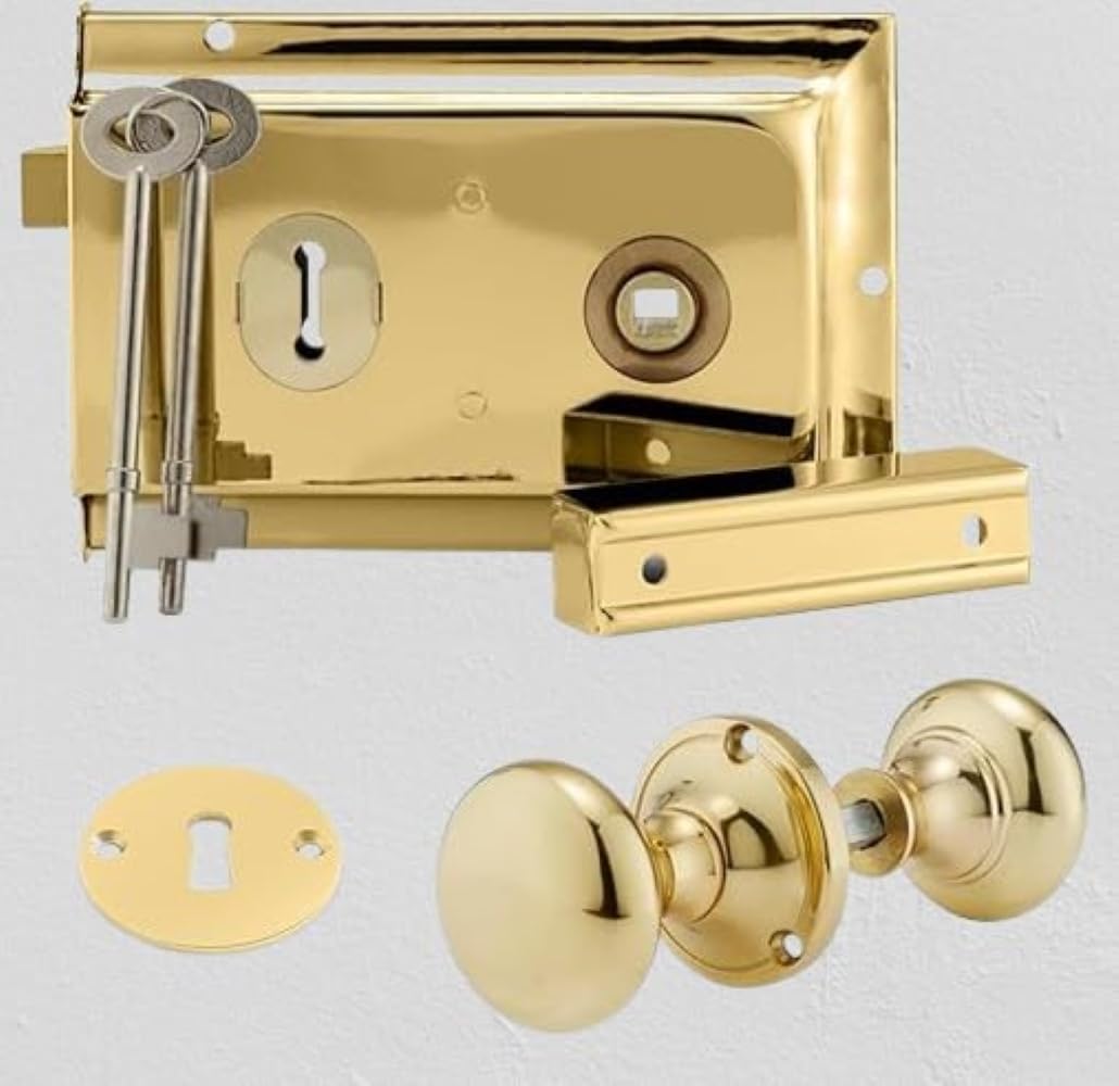 Euroart Brass Deluxe 6;X4 Rim Lock Set With Polished Knob,Surfac Mounted Door Lock With Latch, Shed Lock With Key, Vintage Gate Lock For Outdoor Sheds, Gates, Or Doors.