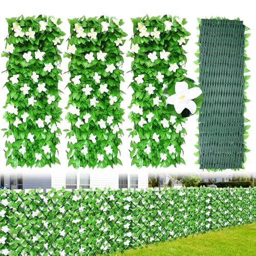 4PCS Expanding Garden Trellis Panels, 40x20cm to 28x200cm Expandable Garden Fence Screening with Artificial Ivy and White Orchid,Decorative Faux Ivy Leaf Privacy Screen Greenery Backdrop for Backyard
