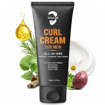 Curl Cream for Men, 5oz | Defines Curls, Controls Frizz & Hydrates with Medium Hold | Sulfate-Free, Organic & Natural Ingredients | Lightweight, Non-Greasy Styling Cream for Wavy & Curly Hair