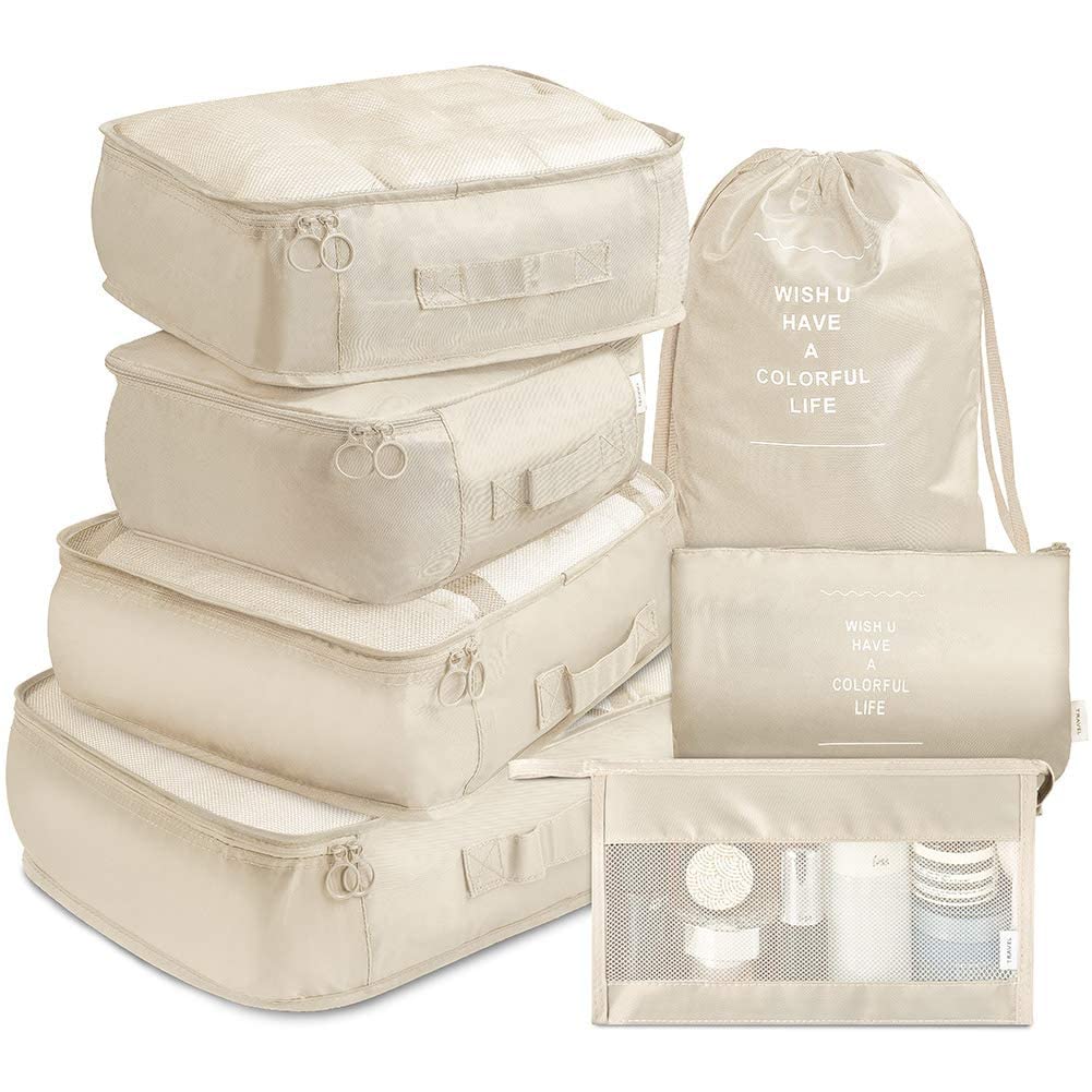 TS WITH TECHSUN 7 Pcs Travel Organizer Pouch Packing Cubes for Clothes Space Savers Bags Cosmetics/Underwear/Socks/Shoes Toiletry Bag Laundry Organiser (Nylon) (Beige) (B0CTFMV6KZ) Amazon Price History, Amazon Price Tracker