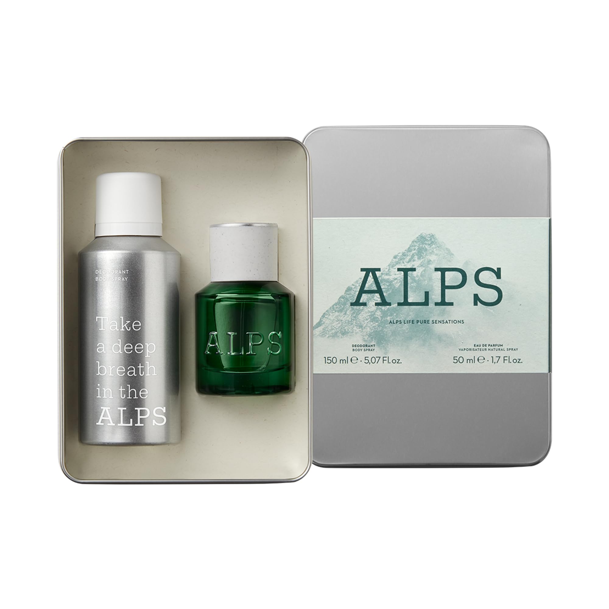 ALPS Metal Box Set Regalo Unisex – Eau de Parfum 50 ml + Deodorante Spray 150 ml – Fragranza Fresca e Naturale Ispirata alle Alpi con Bergamotto, Limone, Zenzero e Incenso