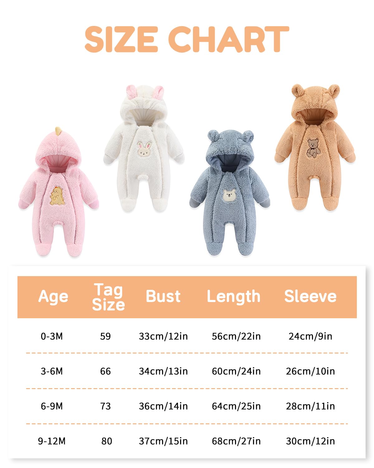 JiAmy Bébé Combinaison de Neige avec Capuche Grenouillère Tenues D'hiver Garçons Filles Bande Dessinée Ourson Barbotteuse Polaire 0-12 Mois