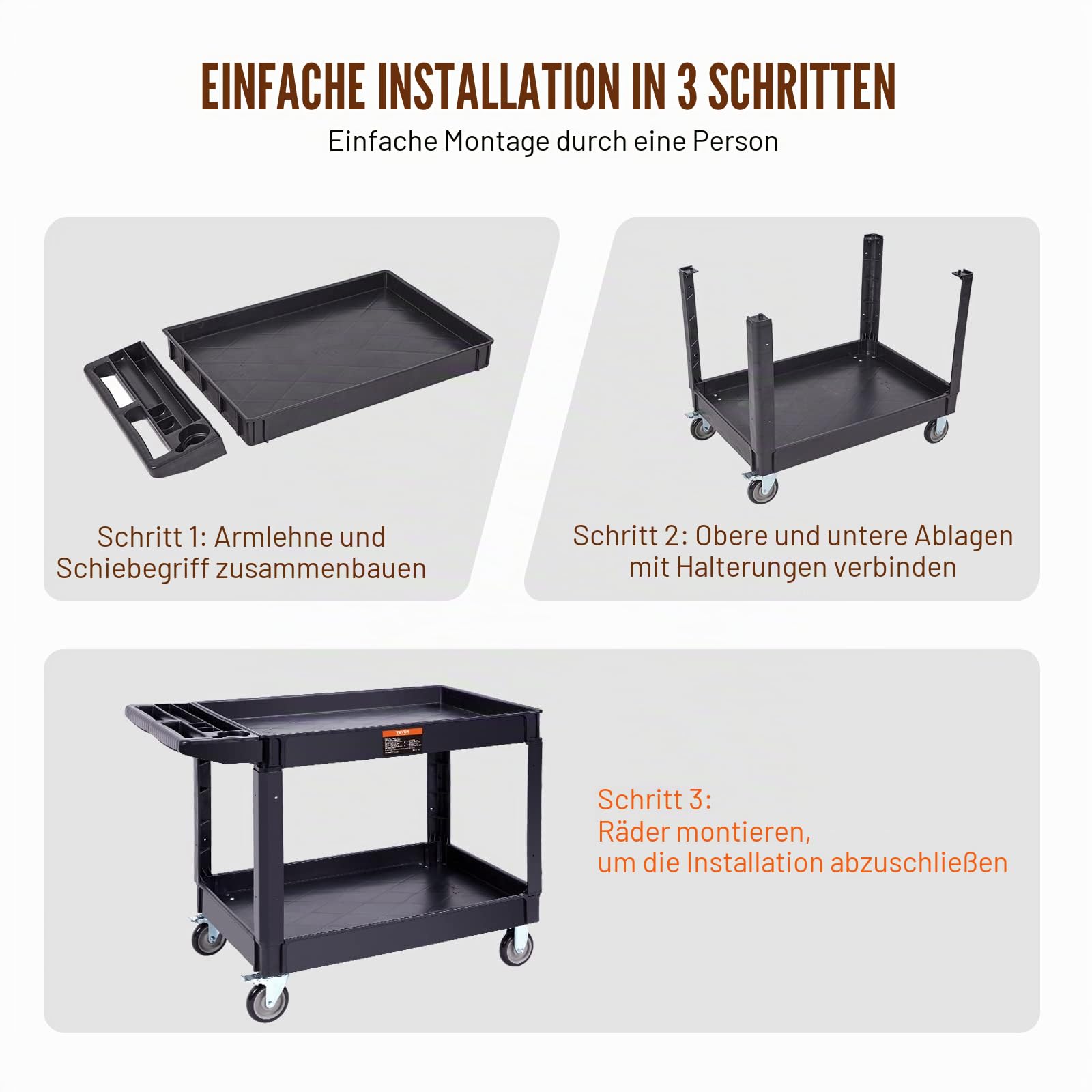VEVOR Servierwagen 249kg Tragfähigkeit Abräumwagen 116x65x85cm Servicewagen aus PP Werkstattwagen mit arretierbaren Rädern Werkzeugwagen Werkstatt-Rollwagen für Lager Garagen Büros Gärtner Hotels