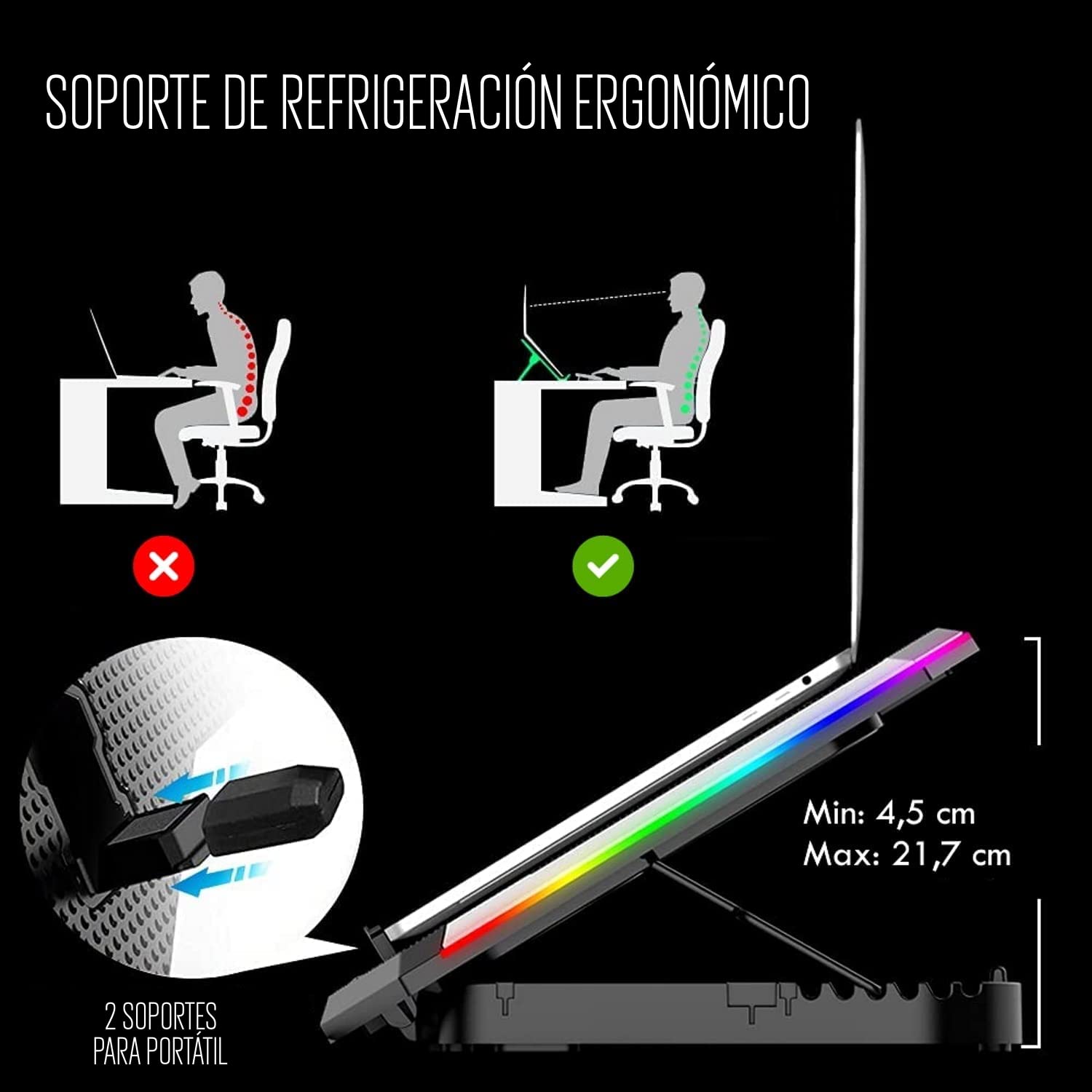 Ewent EW1260 - Soporte y Ventilador para Portátil - Silencioso - 6 Ventiladores de Velocidad Ajustable - para Portátiles de hasta 17" - Pantalla LCD - 2 Puertos USB - 7 Luces LED - Diseño Ergonómico