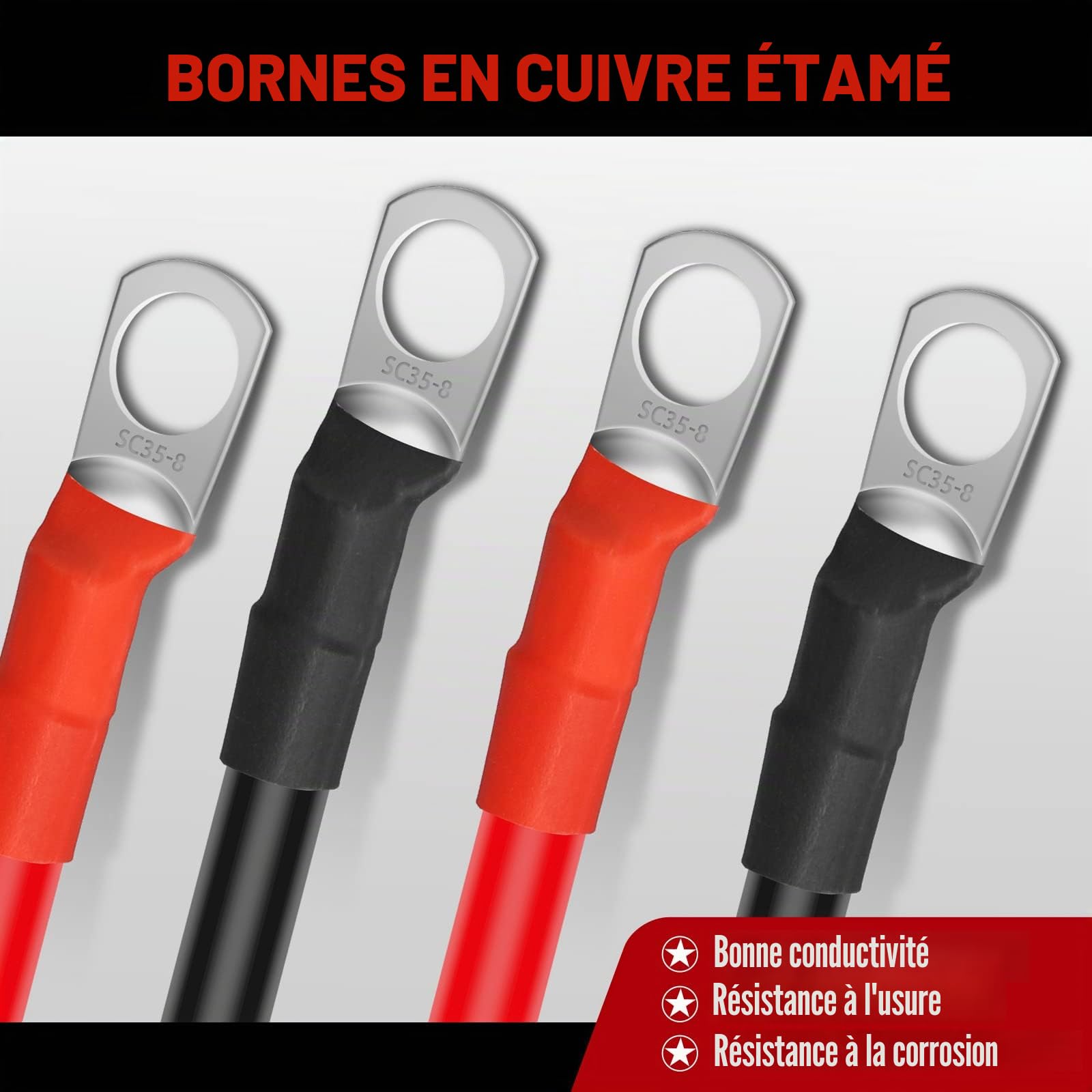 Lot de 2 câbles onduleurs de batterie 3 AWG/25 mm² 100 cm 12 V rouge et noir avec bornes à anneau M10 pour camion, moto, solaire, camping-car, marine