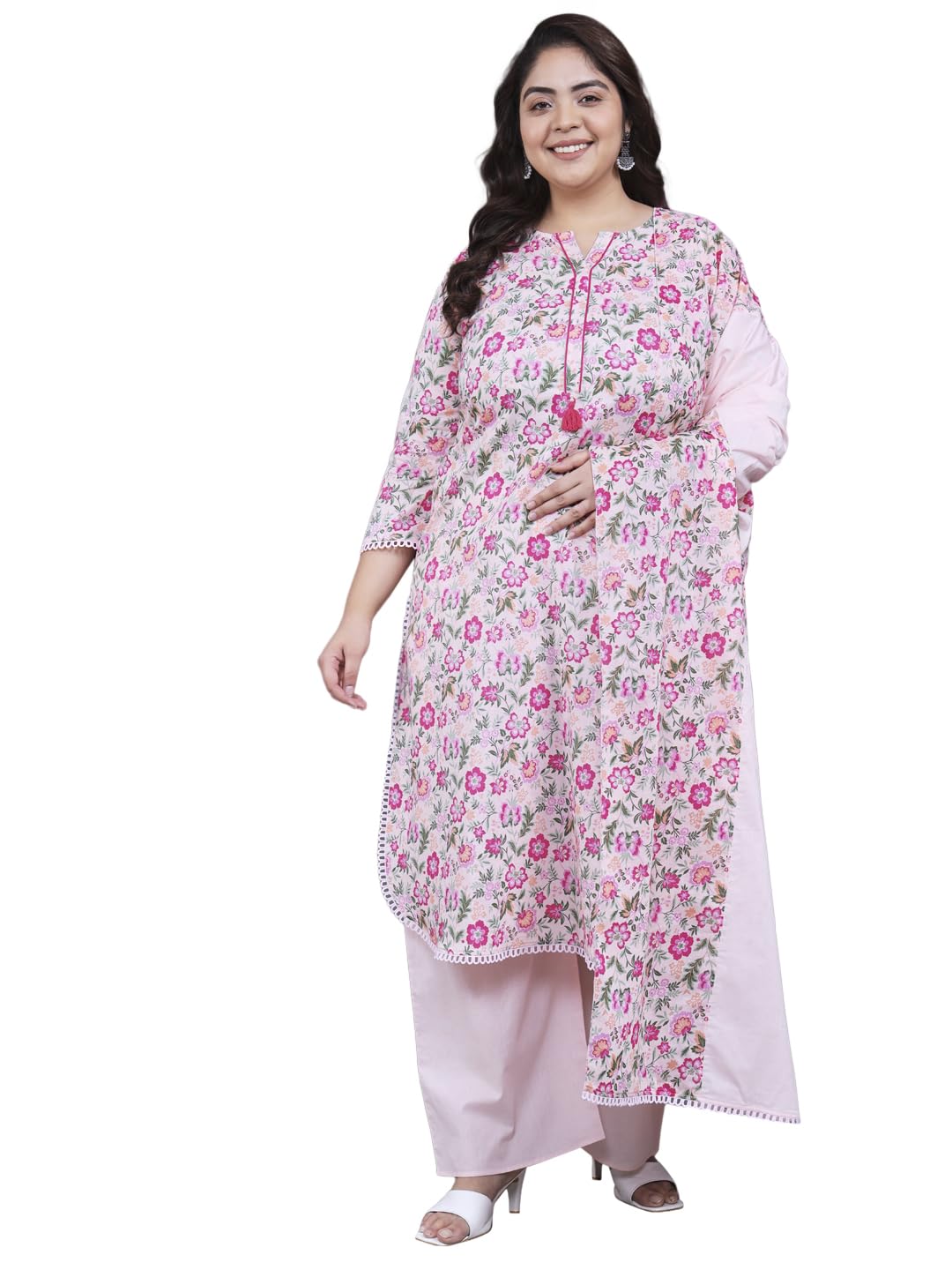 Tissu Women's Plus Size Pink Floral Printed Pure Cotton Kurta & Palazzo With Dupatta (T_684_Pink_5Xl)