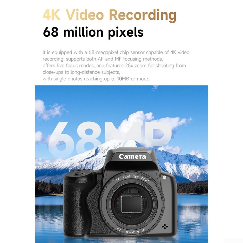 Fotocamera digitale da 68 MP con zoom 28x, fotocamera 4K Vlogging con schermo flip da 2,8", fotocamera reflex portatile con luce di riempimento e paraluce per fotografia (nero)