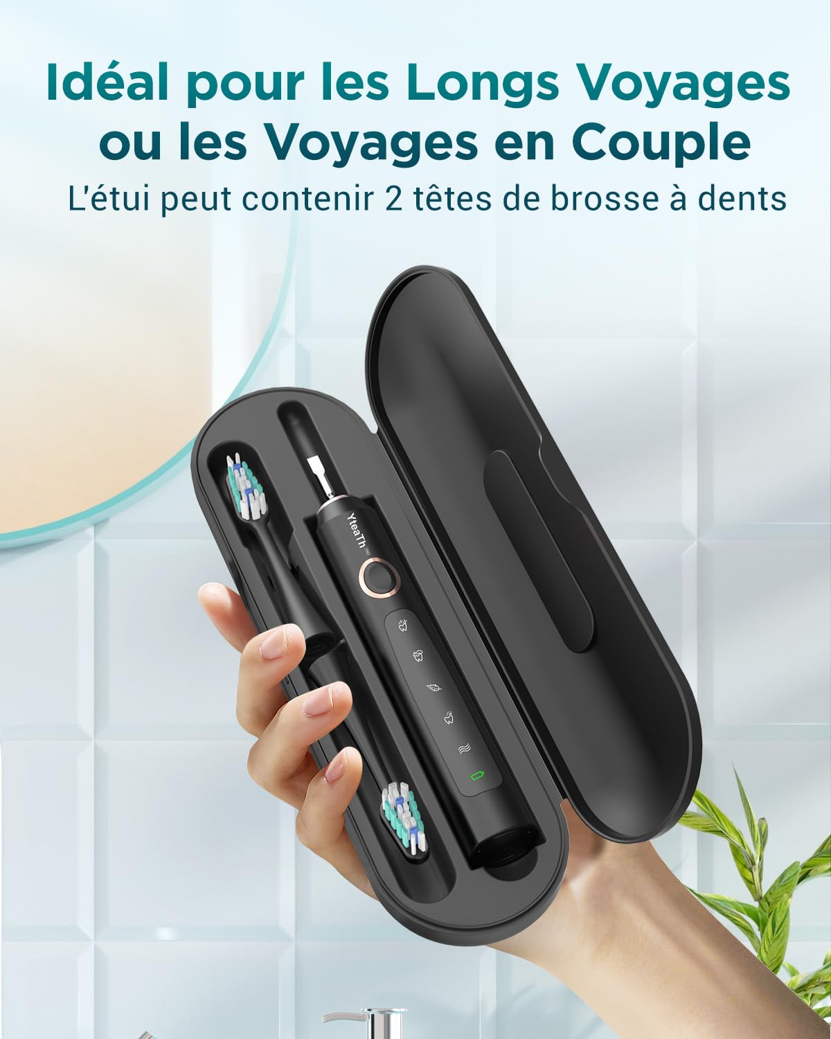 Brosse À Dent Électrique Soniques pour Adultes - Brosse A Dent Sonique avec 8 Têtes de Brosse et Étui de Voyage, 5 Modes, Étanche IPX7, Brosse A Dent Electrique de Voyage Rechargeable, Noir