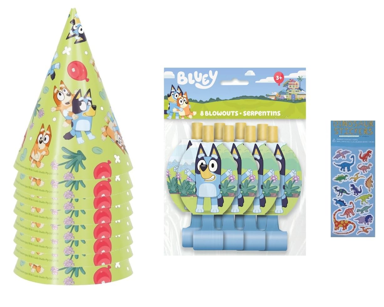 Unique Bluey Birthday Party Supplies Bundle includes 8 Party Hats, 8 Blowouts and 1 Dinosaur Sticker Sheet