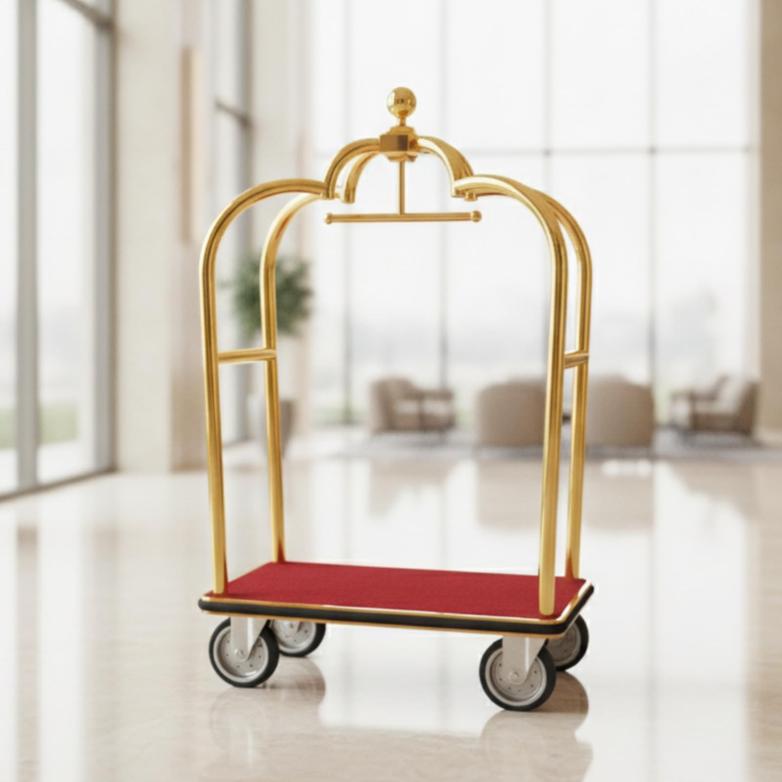 Carro de Equipaje para Hotel Carrito Maletero Portaequipajes Carro Porterero Acero Inoxidable Estructura Robusta Base Alfombrada Giratorios 4 Ruedas