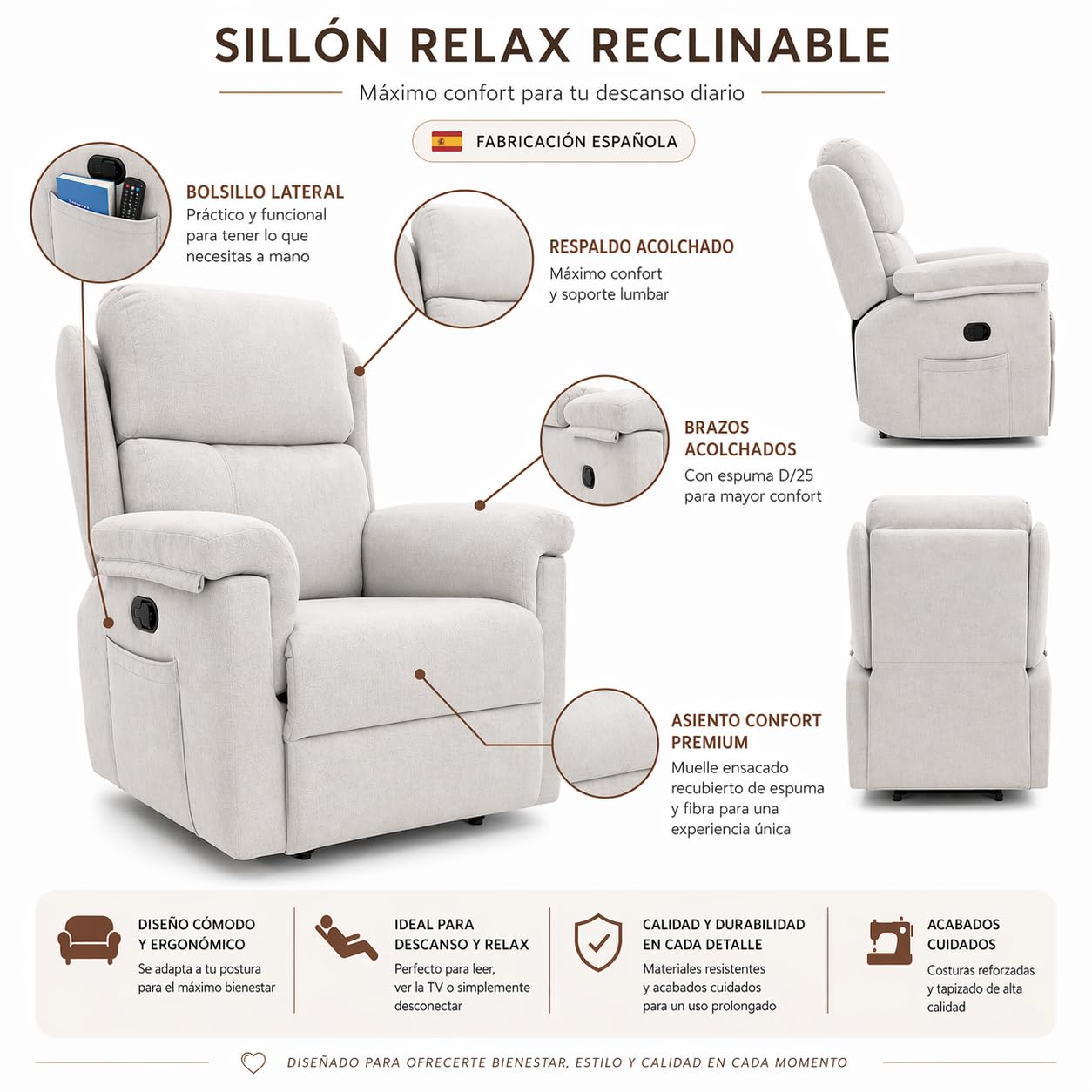 Sillón Relax Reclinable Ergonómico – Sillón Cómodo y Elegante, Fácil Limpieza, Tapizado Premium, Ideal para Salón, Descanso y Lectura (beig)