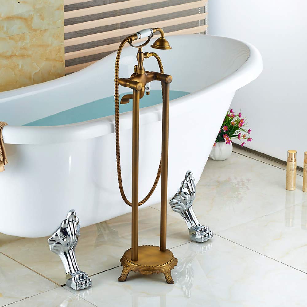 SBCGFY Floor Faucet Trumpet Shape Handheld Spray Bathtub Faucet With Carved Ceramic Style Handles Antique Brass Finish